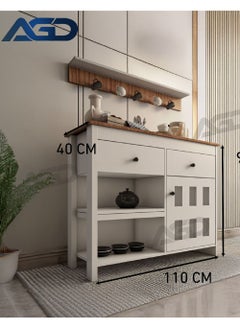 AGD Kitchen and Dining Room Console Cabinet, Sideboard and Buffet Table Multipurpose, Large Kitchen Storage Cabinet with 2 Drawers, Closed Cabinet and 2 Open Storage Shelves and Top Hanging Shelf 110*40*90cm White  - Image 5