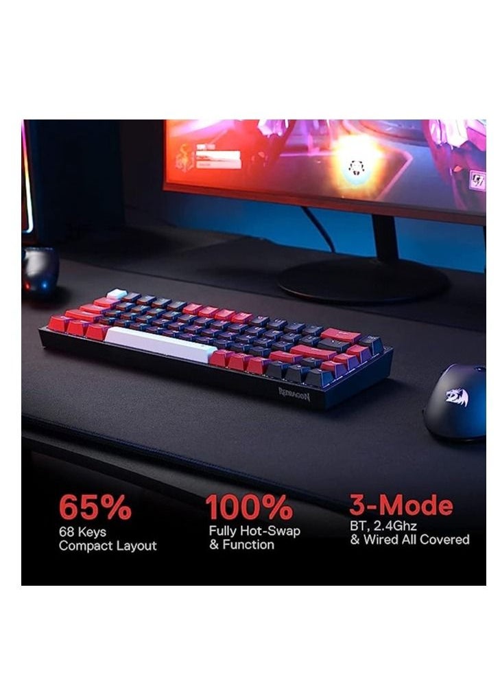 REDRAGON - Redragon K631 PRO 65% 3-Mode Wireless RGB Gaming Keyboard, 68 Keys Hot-Swappable Compact Mechanical Keyboard w/Hot-Swap Free-Mod PCB Socket & Dedicated Arrow Keys, Quiet Red Linear Switch - Image 1