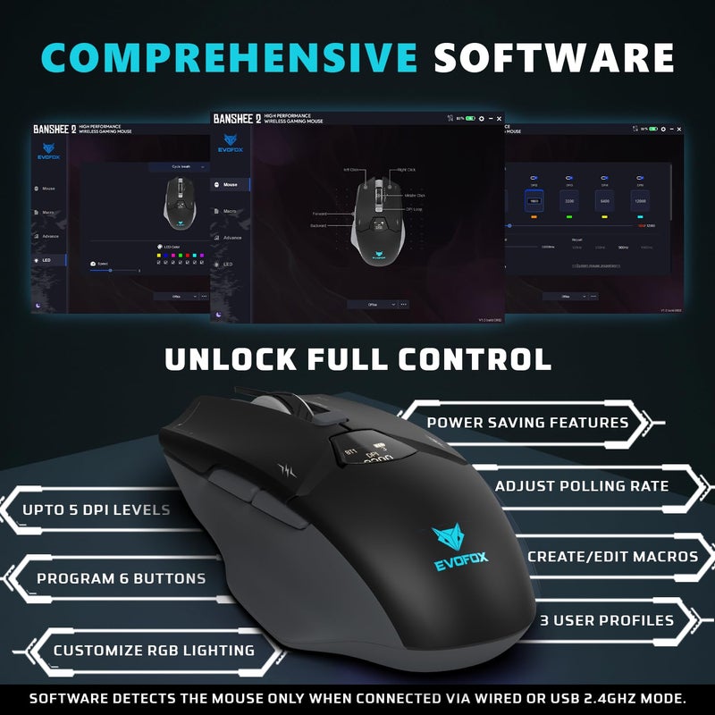 EvoFox Banshee 2 Wireless Mouse with Display for Gaming & Office Professionals Tri-Mode(2X BT,2.4G&Wired)| PixArt Sensor, 1000Hz Polling Rate, 12,000 DPI, 6 Programmable Buttons, Software Support - Image 5