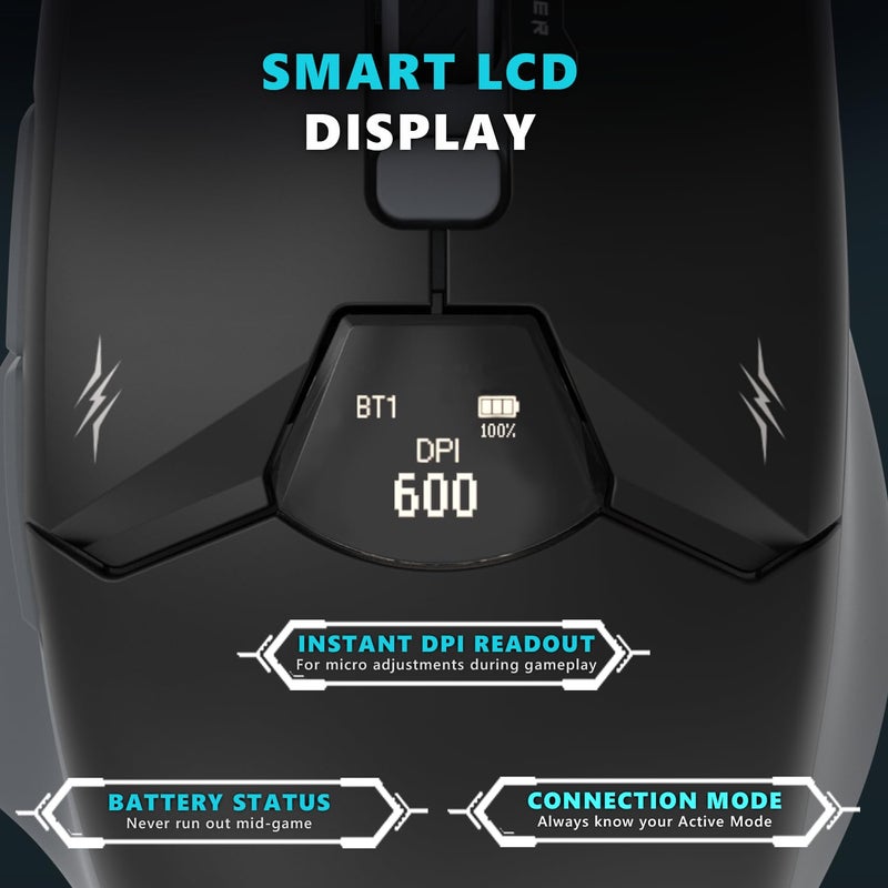 EvoFox Banshee 2 Wireless Mouse with Display for Gaming & Office Professionals Tri-Mode(2X BT,2.4G&Wired)| PixArt Sensor, 1000Hz Polling Rate, 12,000 DPI, 6 Programmable Buttons, Software Support - Image 4