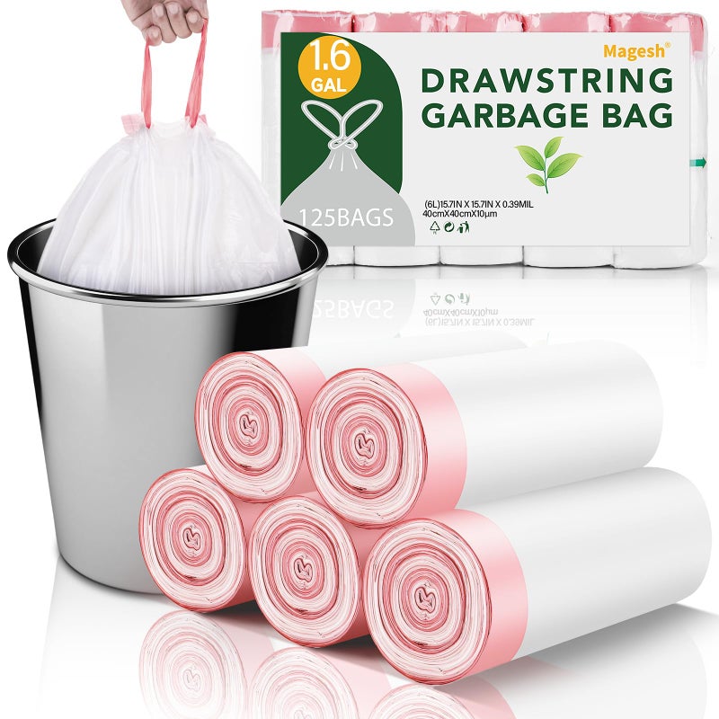 Magesh Drawstring Smal Trash Bags 1.6-Gallon - Clear White 125 Count Mini Bulk Disposable Garbage Bag Strong Thick Tiny Plastic Can Liners for Kitchen Bathroom Office Car Waste Basket No Scent - Image 1