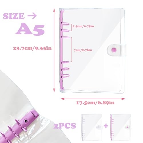DY.2ten 2 Pack A5 Transparent Soft PVC 6 Holes Binder Notebook Covers, Snap Button Closure Refillable Notebook Round Ring Binder Cover Protector(A5, Clear Cover + Light Purple/White Binder) - Image 2