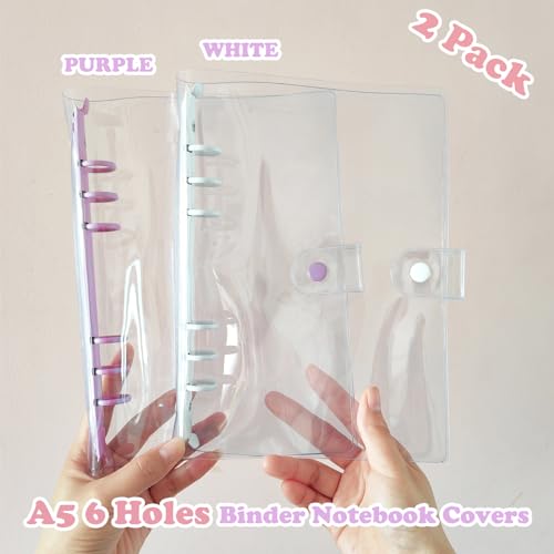 DY.2ten 2 Pack A5 Transparent Soft PVC 6 Holes Binder Notebook Covers, Snap Button Closure Refillable Notebook Round Ring Binder Cover Protector(A5, Clear Cover + Light Purple/White Binder) - Image 3