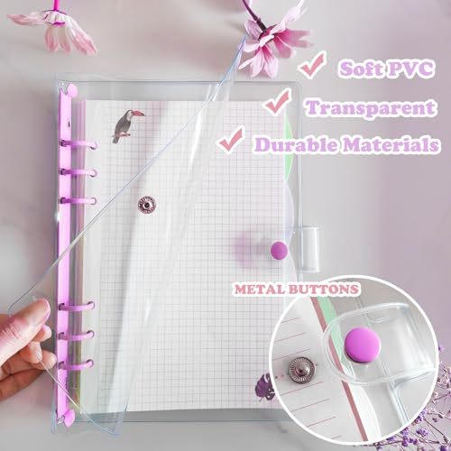 DY.2ten 2 Pack A5 Transparent Soft PVC 6 Holes Binder Notebook Covers, Snap Button Closure Refillable Notebook Round Ring Binder Cover Protector(A5, Clear Cover + Light Purple/White Binder) - Image 4