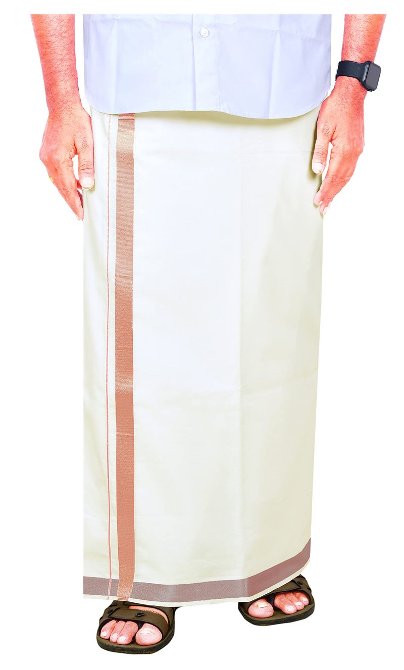 YETTALAN® Mens Copper Jari Border 100% Cotton Cream Dhoti 4.00 Meters Double Mundu/Vesti - Image 1