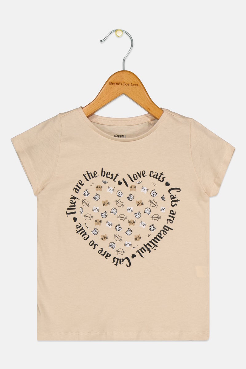 Sinsay Toddlers Girl Crew Neck Short Sleeve Graphic Print T-Shirt, Beige - Image 1