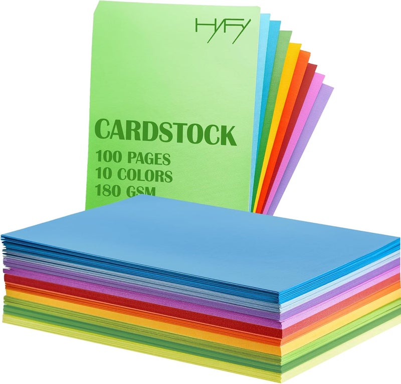 هاي فاي HYFY 100 ورقة من الورق المقوى الملون بحجم A4 بوزن 180 GSM للطباعة والفنون والحرف اليدوية وسجل القصاصات والأعمال اليدوية - 10 ألوان - Image 1