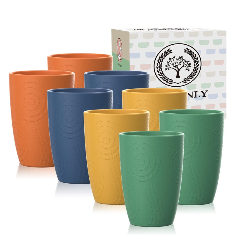 Homienly Wheat Straw Cups 8 PCS Plastic Cups Unbreakable Drinking Cup Reusable Dishwasher Safe Water Glasses with 4 Colors 12 OZ