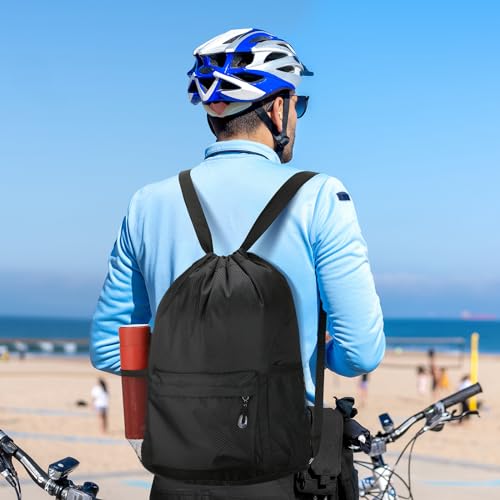 NATURAL STYLE Waterproof Drawstring Bag, Lightweight String Backpack with Water Bottle Holder and Pockets, Gym Sports Cinch Sackpack (Black) - Image 3