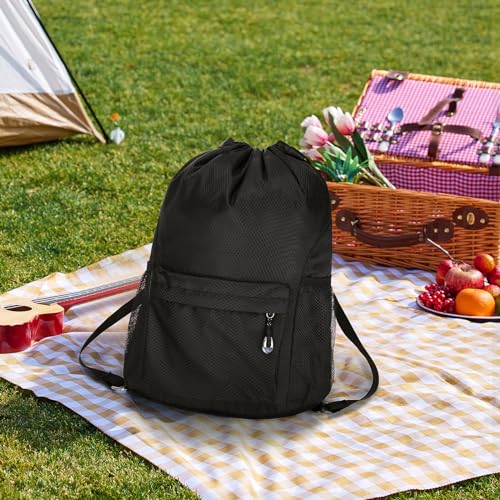 NATURAL STYLE Waterproof Drawstring Bag, Lightweight String Backpack with Water Bottle Holder and Pockets, Gym Sports Cinch Sackpack (Black) - Image 4