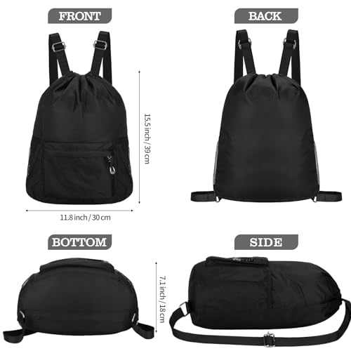 NATURAL STYLE Waterproof Drawstring Bag, Lightweight String Backpack with Water Bottle Holder and Pockets, Gym Sports Cinch Sackpack (Black) - Image 2