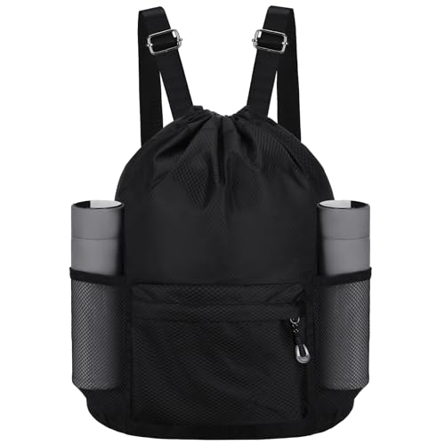 NATURAL STYLE Waterproof Drawstring Bag, Lightweight String Backpack with Water Bottle Holder and Pockets, Gym Sports Cinch Sackpack (Black) - Image 1