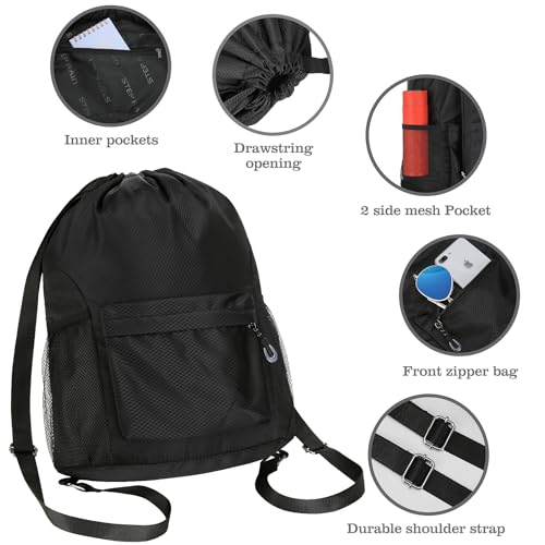 NATURAL STYLE Waterproof Drawstring Bag, Lightweight String Backpack with Water Bottle Holder and Pockets, Gym Sports Cinch Sackpack (Black) - Image 5
