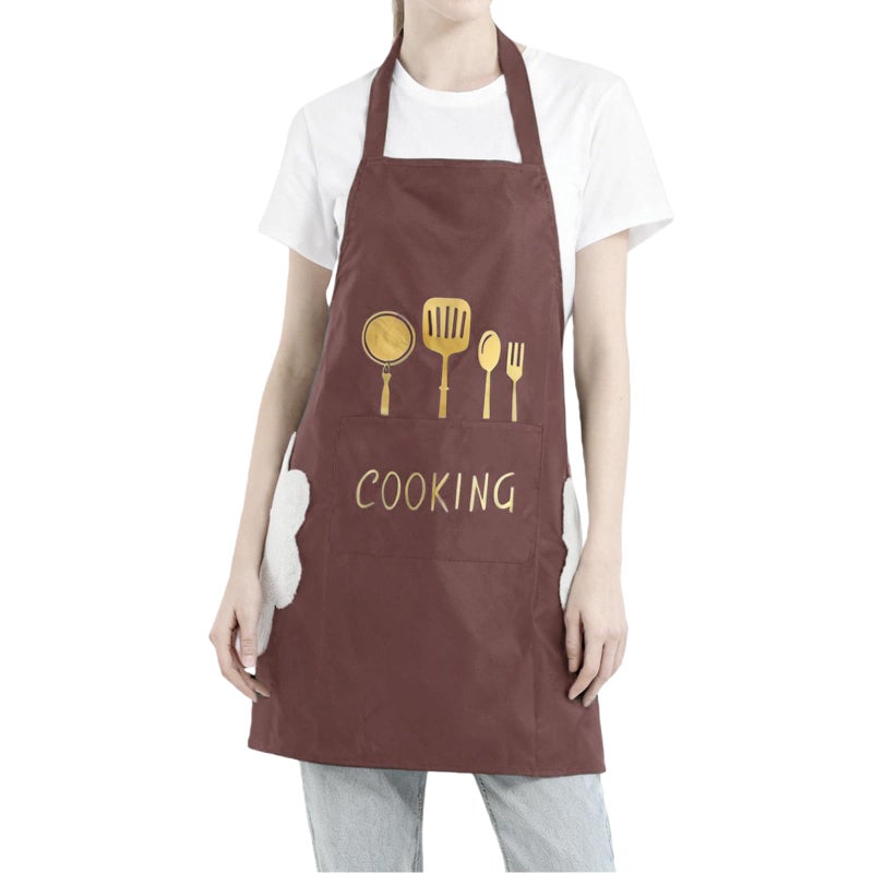 DILLMAN Women Kitchen Apron with Hand Wipe Pocketsï¼ŒBig Pocket,Hand-wiping, Waterproof for Cooking Baking (BROWN) - Image 5