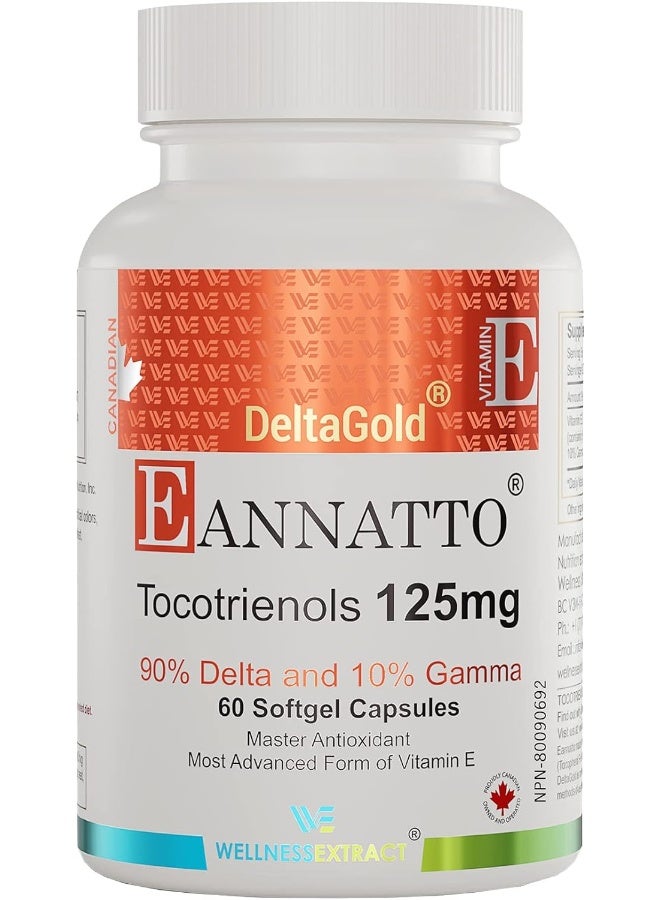 E Annatto Tocotrienols Deltagold 125mg, Vitamin E Tocotrienols Supplements 60 Softgel, Tocopherol Free, Supports Immune Health & Antioxidant Health (90% Delta & 10% Gamma) (Pack of 1) - Image 1