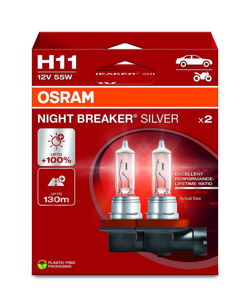 OSRAM نايت بريكر سيلفر H11، +100% سطوع أكثر، لمبة مصباح هالوجين، 64211NBS-2HB، 12 فولت سيارة، صندوق معلق (2 لمبات) - Image 2