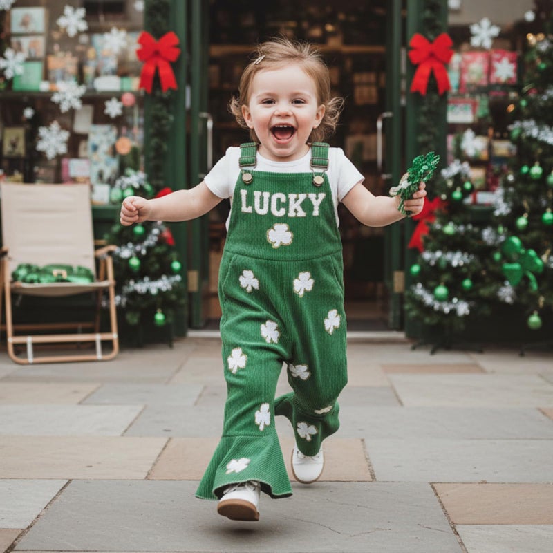 Rtnnsbbfcm Toddler Baby Girl St Patricks Day Outfit Lucky Girl Overalls Bell Bottoms Shamrock Romper Jumpsuit Clothes (Lucky Green, 4-5 Years) - Image 2