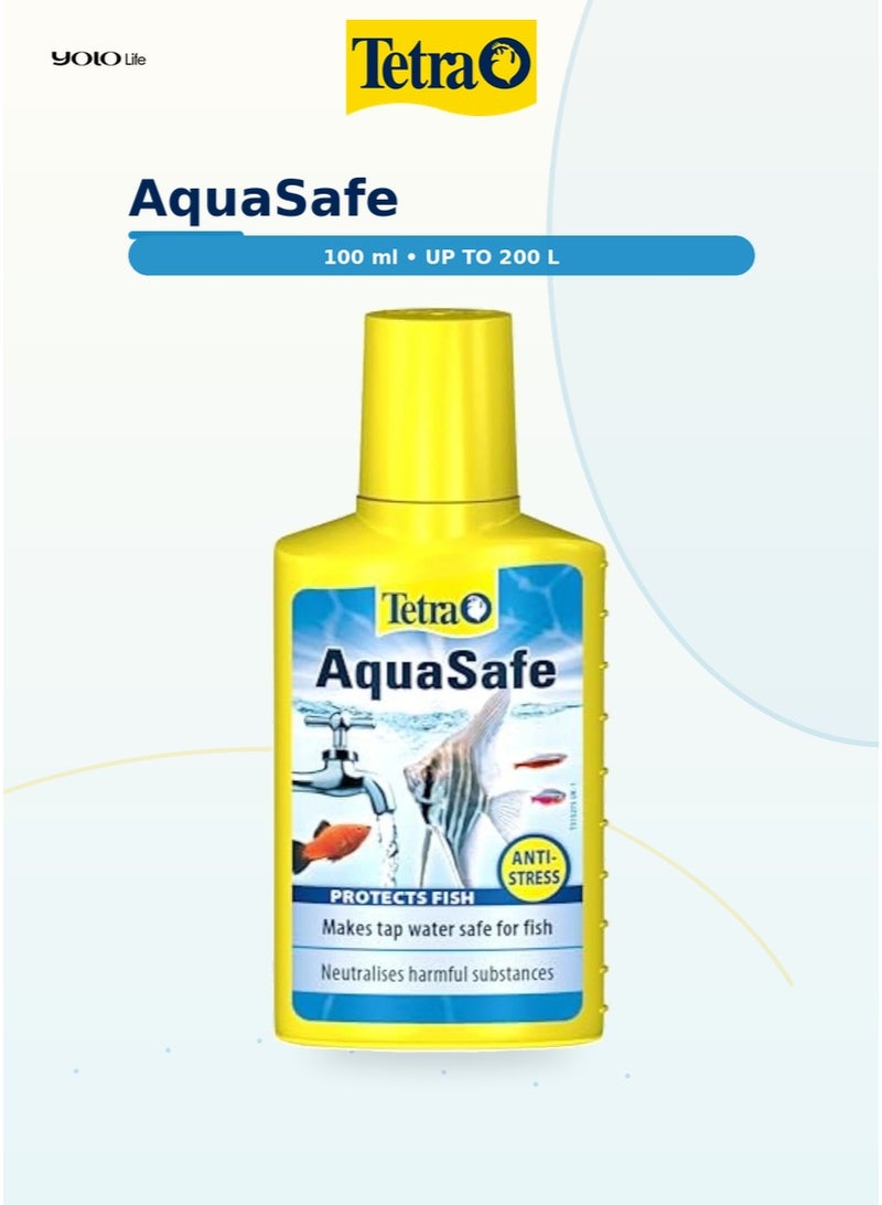 تترا Tetra AquaSafe 100 مل مكيف مياه حوض السمك، يجعل مياه الصنبور آمنة خلال ثوانٍ، يحيّد الكلور والكلورامين والمعادن الثقيلة، 5 مل لكل 10 لتر، للمياه العذبة والمالحة - Image 1