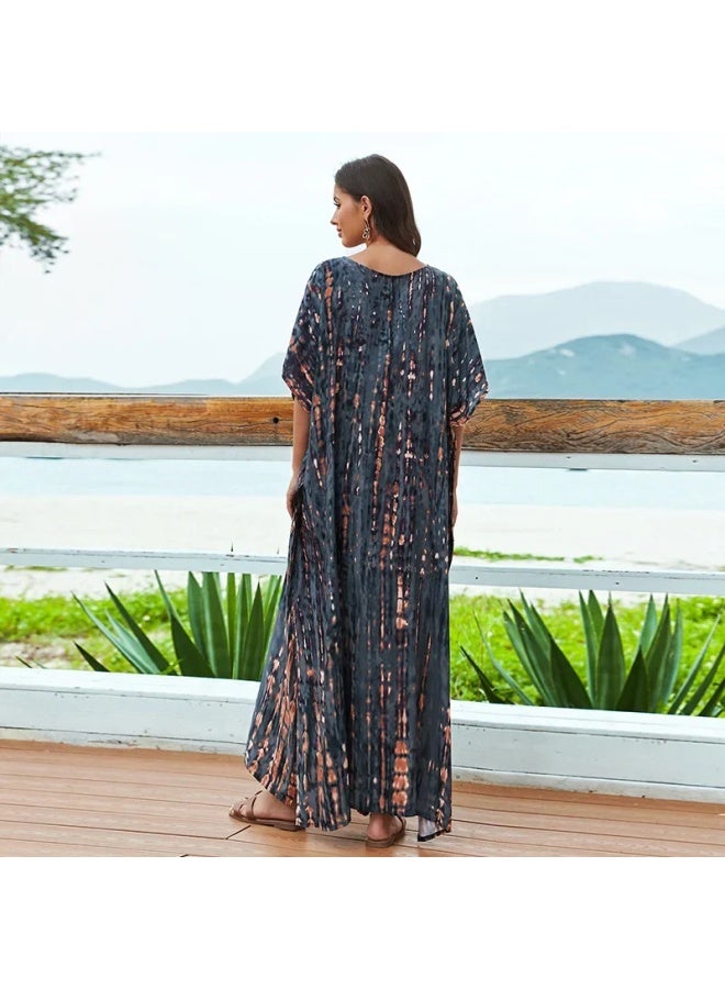 European And American Rayon Tie-dyed Beach Jumpsuit Long Dress Loose Robe Bikini Swimsuit Outer Blouse Sun Protection Shirt-Color:ZS1657-5 Army Green-  - Image 5