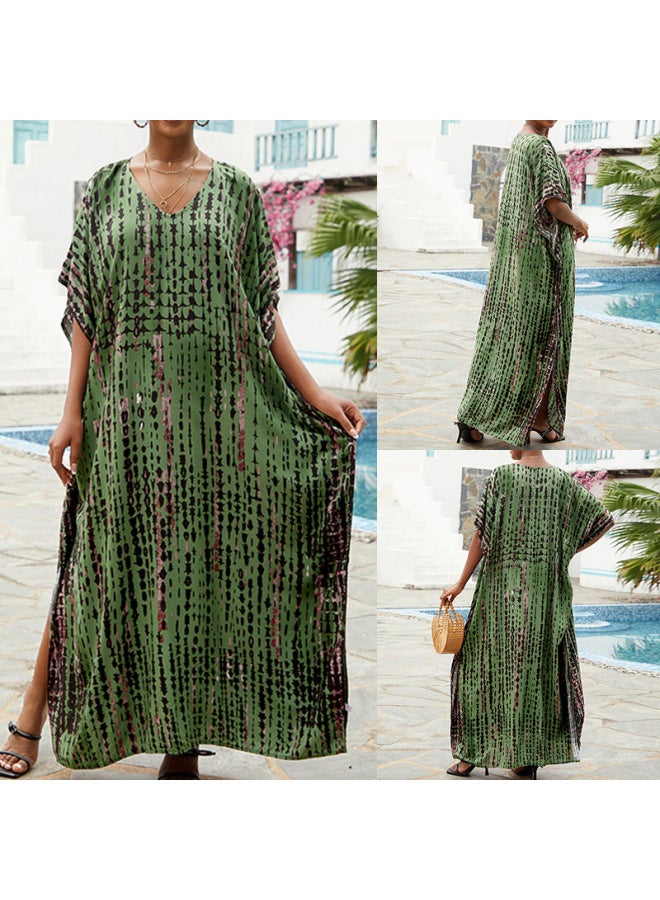 European And American Rayon Tie-dyed Beach Jumpsuit Long Dress Loose Robe Bikini Swimsuit Outer Blouse Sun Protection Shirt-Color:ZS1657-5 Army Green-  - Image 1
