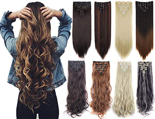 LELINTA 7Pcs 16 Clips 23 Inch Wavy Curly Full Head Clip in on Double Weft Hair Extensions Black To Wine Red Straight - Image 1
