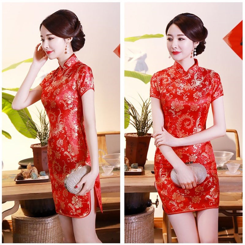 Short Cheongsam XXL Stand Collar Slim Fit - Exquisite Phoenix Tail Pattern Cheongsam for Daily Life Banquet Costume - Image 5