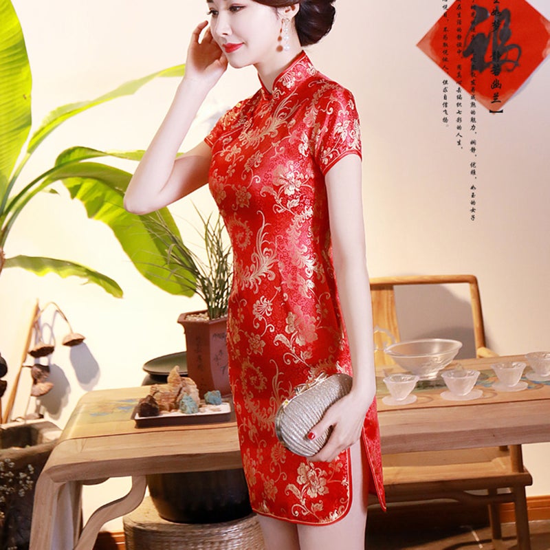 Short Cheongsam XXL Stand Collar Slim Fit - Exquisite Phoenix Tail Pattern Cheongsam for Daily Life Banquet Costume - Image 1