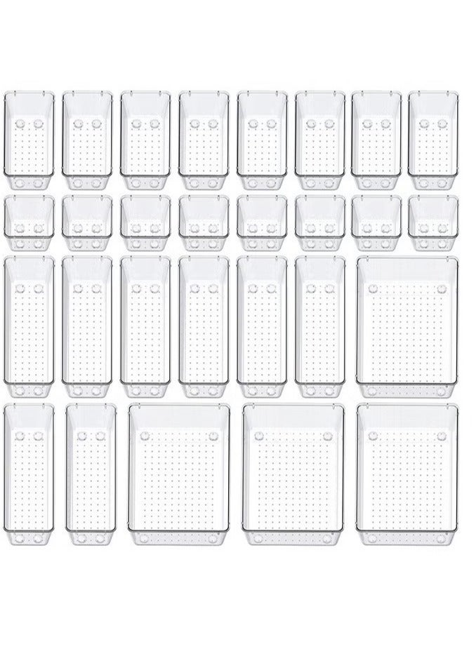 28 Pcs Desk Drawer Organizers Trays Set Clear Plastic Storage Bins Bathroom Drawer Tray Dividers Vanity Trays Organizer for Bedroom Dresser Makeup Kitchen Utensil Office - Image 1