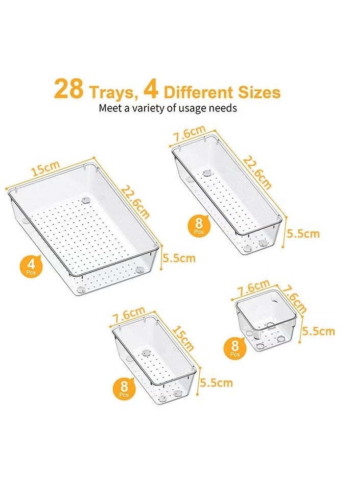 28 Pcs Desk Drawer Organizers Trays Set Clear Plastic Storage Bins Bathroom Drawer Tray Dividers Vanity Trays Organizer for Bedroom Dresser Makeup Kitchen Utensil Office - Image 3
