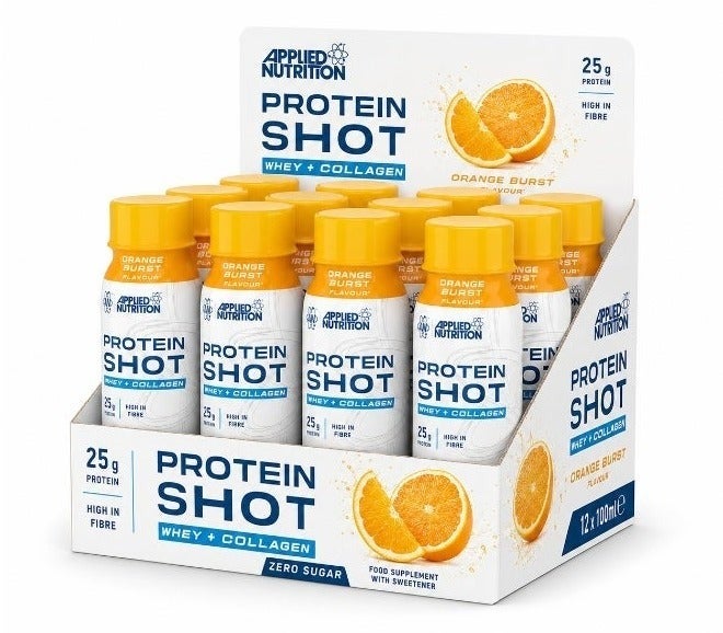 Applied Nutrition Protein Shot Whey + Collagen, 25g Protein per Bottle, Zero Sugar, High Fibre, Orange Burst, 12 x 100ml