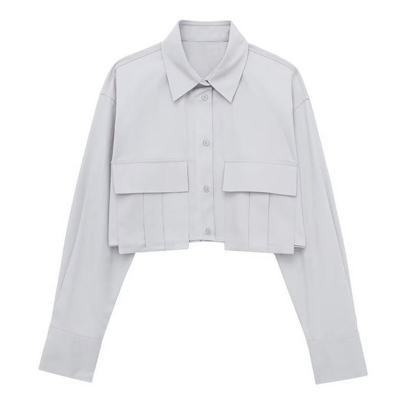 Spring 2024 new European and American cross-border womens clothing street fashion windbreaker fabric short solid color lapel long sleeve shirt Light gray  - Image 1