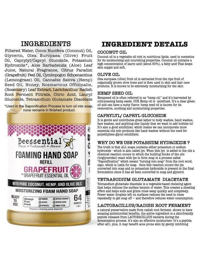 Beessential All Natural Foaming Hand Soap Refill Bulk 64 Oz Grapefruit Made With Moisturizing Aloe & Honey Made In The Usa - Image 4