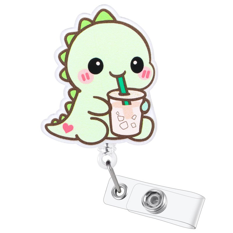BEZTN Dino With Iced Coffee Funny Medical Badge Reel | Retractable ID Card Dinosaur Badge Holder | Name Tag Work Badge Clip for RN LPN CNA MA Night Shift Nurse Nursing Student Doctor | Nurse Gifts | Acrylic - Image 1