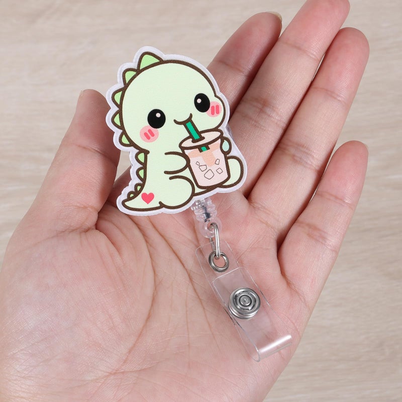 BEZTN Dino With Iced Coffee Funny Medical Badge Reel | Retractable ID Card Dinosaur Badge Holder | Name Tag Work Badge Clip for RN LPN CNA MA Night Shift Nurse Nursing Student Doctor | Nurse Gifts | Acrylic - Image 3