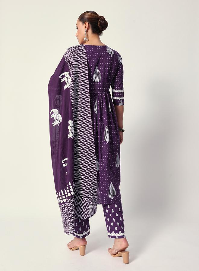 ISHIN Women's Purple Cotton Textured Tunic Full Palazzo Regular Fit Kurta Set - Image 5