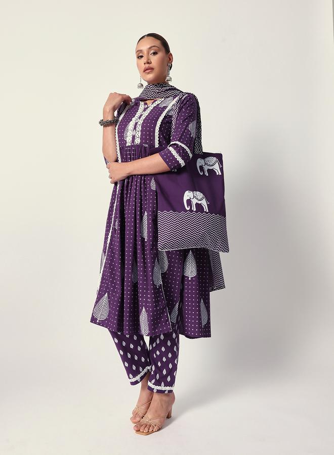 ISHIN Women's Purple Cotton Textured Tunic Full Palazzo Regular Fit Kurta Set - Image 1