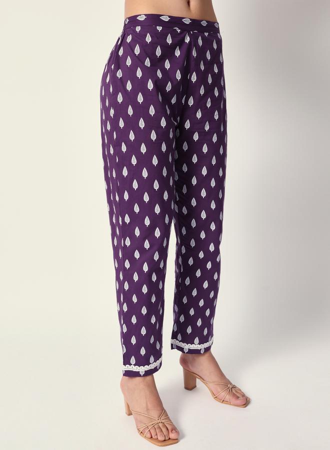 ISHIN Women's Purple Cotton Textured Tunic Full Palazzo Regular Fit Kurta Set - Image 3