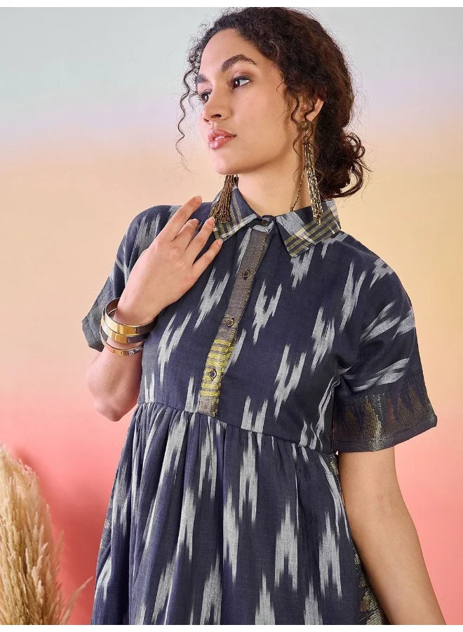 AKS Navy Blue Abstract Printed Shirt Collar Fit & Flare Dress