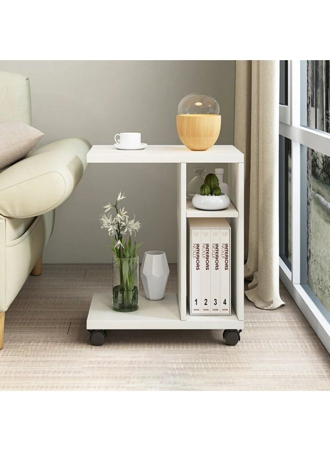 Eleva Home Wooden Rolling C-Shaped Side Table, Modern End Table with Shelves for Living Room or Home Office, Multifunctional for Small Spaces, White - Image 1