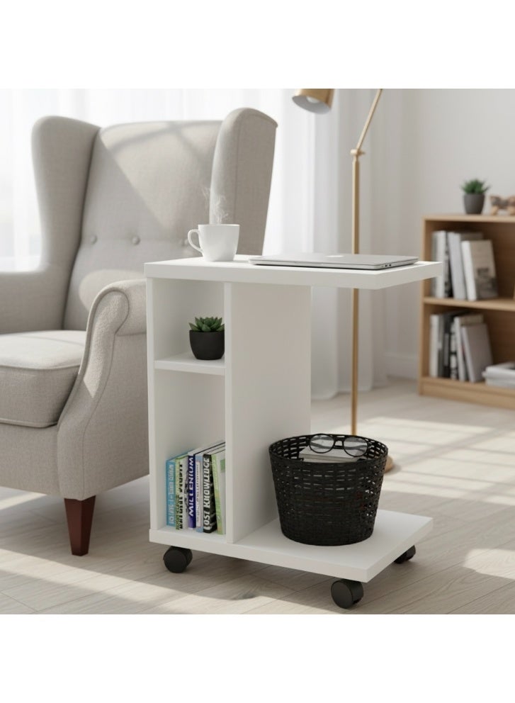 Eleva Home Wooden Rolling C-Shaped Side Table, Modern End Table with Shelves for Living Room or Home Office, Multifunctional for Small Spaces, White - Image 2
