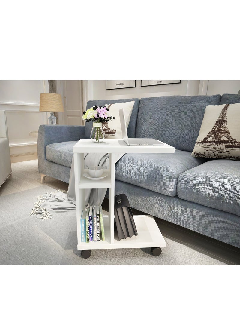 Eleva Home Wooden Rolling C-Shaped Side Table, Modern End Table with Shelves for Living Room or Home Office, Multifunctional for Small Spaces, White - Image 4