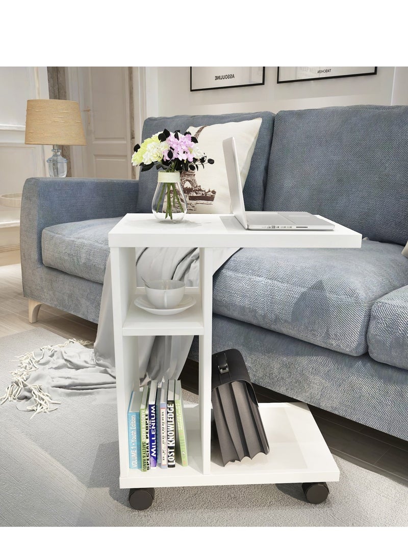 Eleva Home Wooden Rolling C-Shaped Side Table, Modern End Table with Shelves for Living Room or Home Office, Multifunctional for Small Spaces, White - Image 3