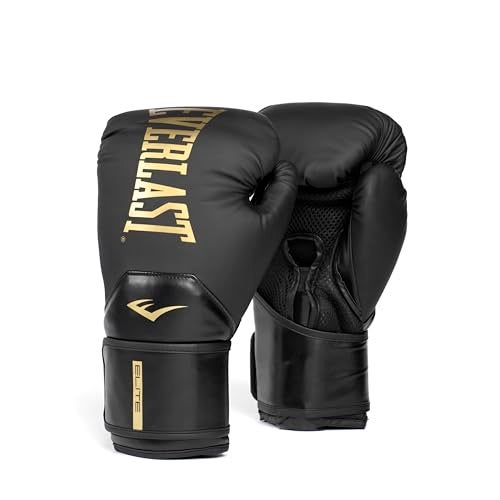 EVERLAST قفازات الملاكمة إيفرلاست إليت 2، قفازات تدريب احترافية للرجال والنساء، إغلاق آمن بنظام هوك وحلقة وتهوية، تدريب على الأكياس الثقيلة وأكياس السرعة (16 أونصة، أسود/ذهبي) - Image 1