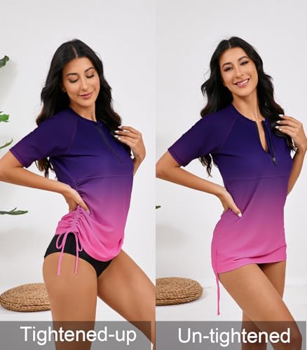 Halcurt Women's Half Zip Short Sleeve Rash Guard Swimsuit Top Ruched Swim Shirt UPF50+ Quick Dry Bathing Suit Ombre Purple Pink L - Image 5
