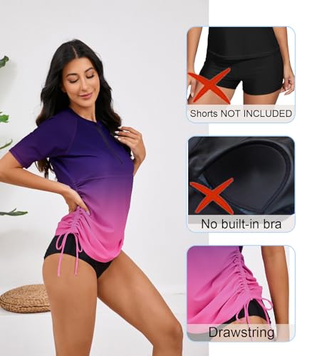 Halcurt Women's Half Zip Short Sleeve Rash Guard Swimsuit Top Ruched Swim Shirt UPF50+ Quick Dry Bathing Suit Ombre Purple Pink L - Image 3