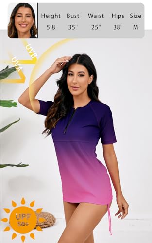 Halcurt Women's Half Zip Short Sleeve Rash Guard Swimsuit Top Ruched Swim Shirt UPF50+ Quick Dry Bathing Suit Ombre Purple Pink L - Image 2