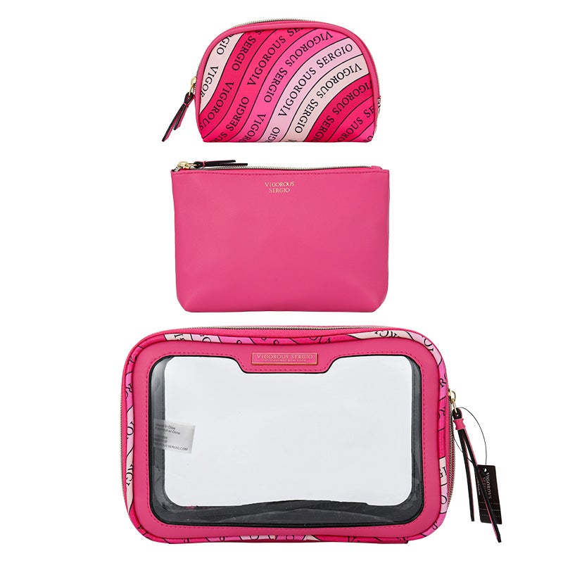 New PU Waterproof Striped Vanity Tote SetThree-piece set-rose red wave Three-piece set-rose red wave
