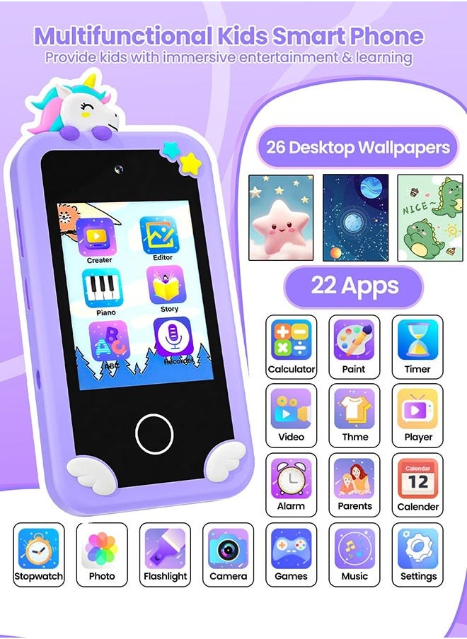 Eworld Kids Smart Phone with 3D Holographic Pyramid, 2.8inch Touchscreen Learning Toy with Dual Cameras and Music Player, Perfect Christmas, eid and Birthday Gift for Ages 3-10, Purple  - Image 2