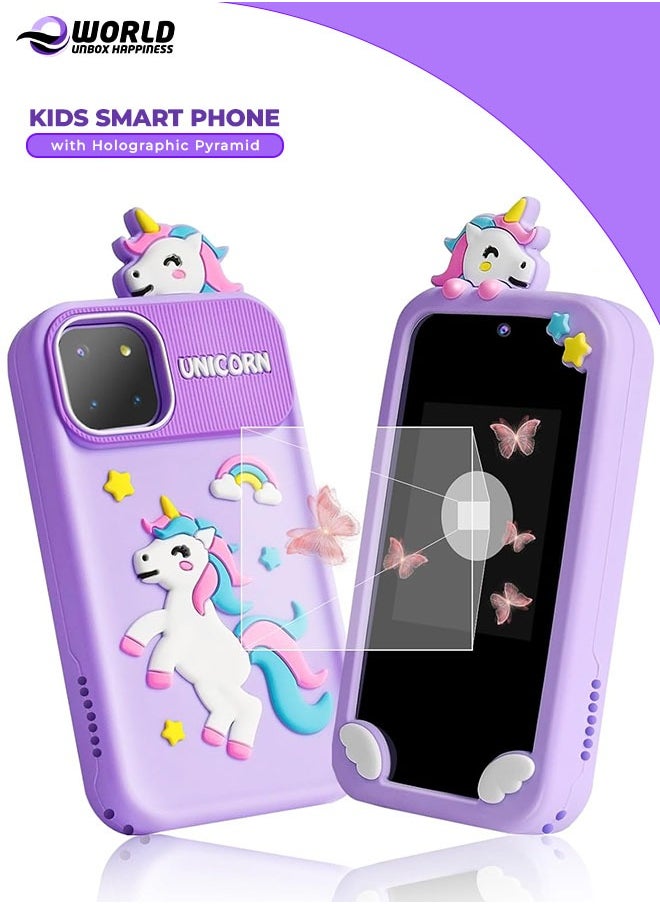 Eworld Kids Smart Phone with 3D Holographic Pyramid, 2.8inch Touchscreen Learning Toy with Dual Cameras and Music Player, Perfect Christmas, eid and Birthday Gift for Ages 3-10, Purple  - Image 1