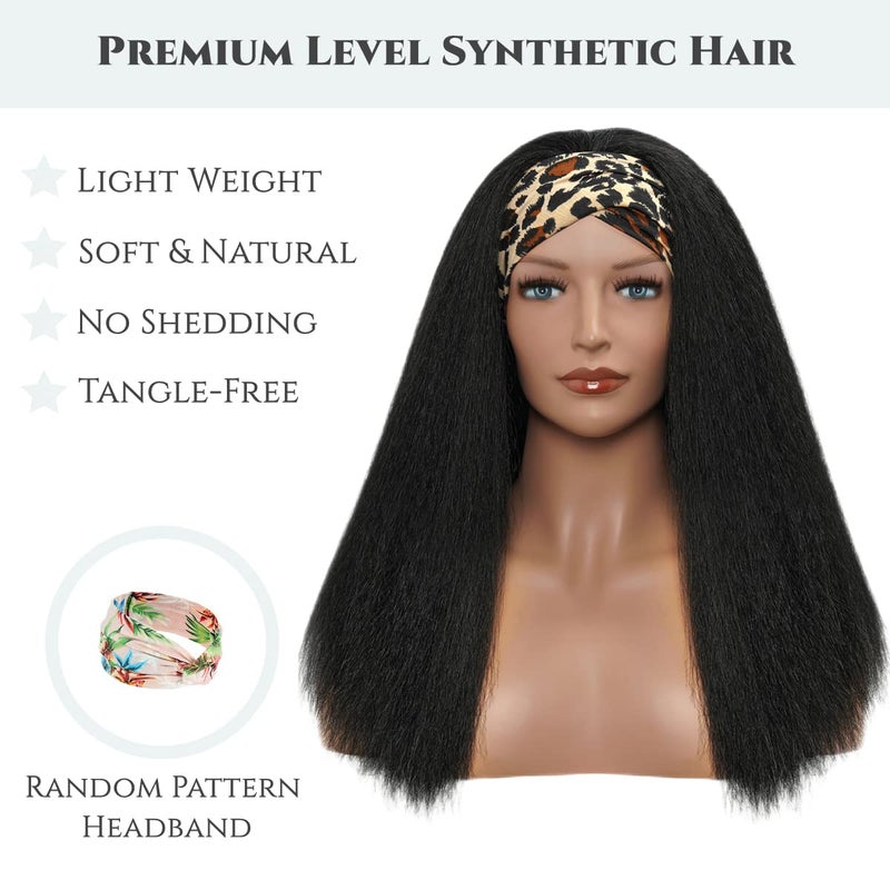 Aminow Kinky Straight Headband Wig, Soft & Natural as Human Hair, Glueless Headband Wigs for Black Women, Long Black Italian Yaki Synthetic Half Wig (1B Natural Black, 20 Inch) - Image 2